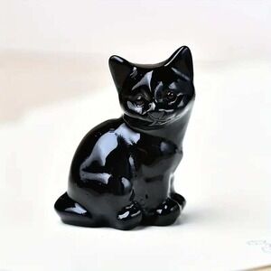 Black Cat Stone‎ Figurine Obsidian Stone Decor Collectible Animal Lover Gift New